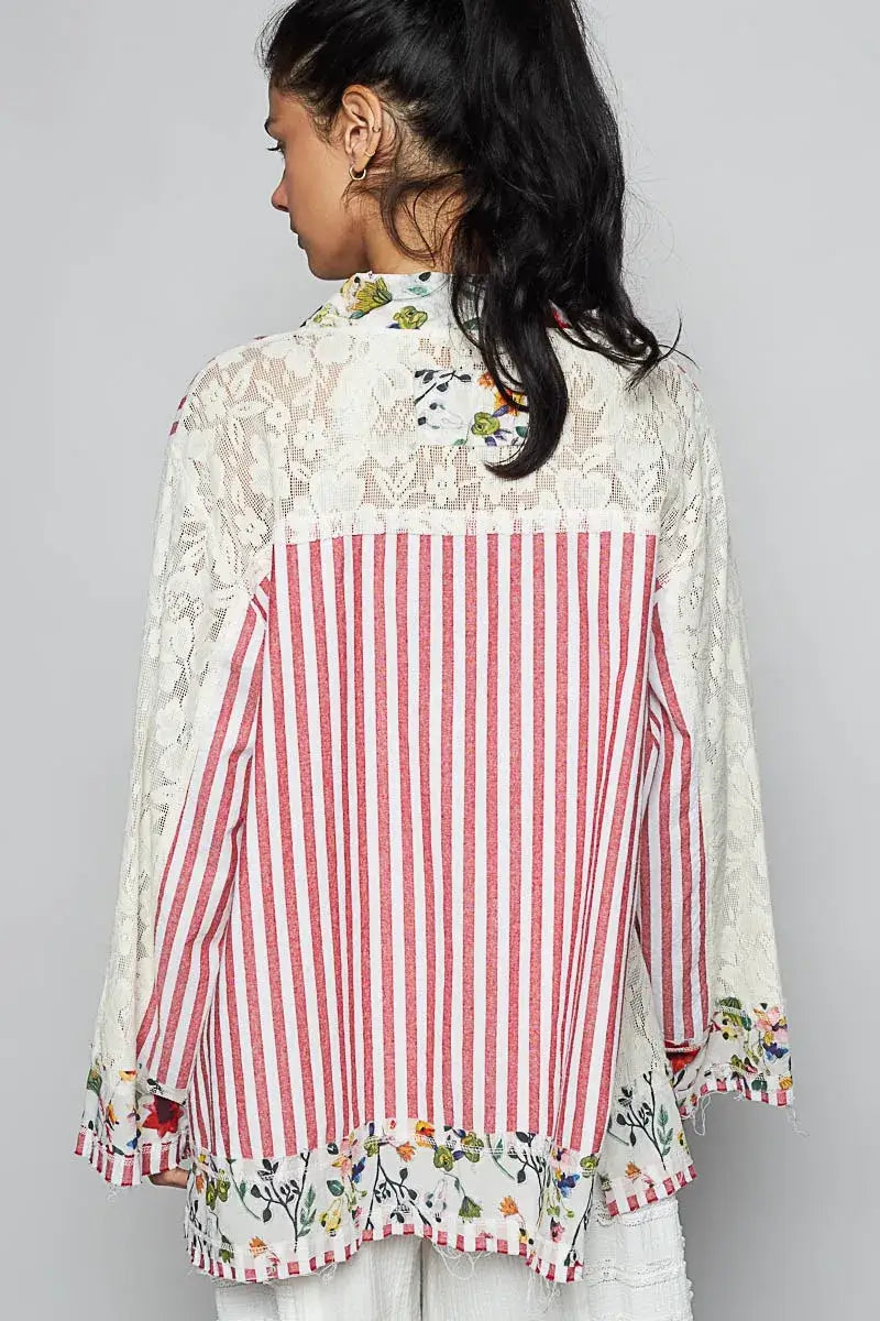 POL Lace Long Sleeve Striped Cardigan with Floral Patchwork Detail