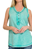 Zenana Washed Half-Button Raw Edge Sleeveless Henley Top