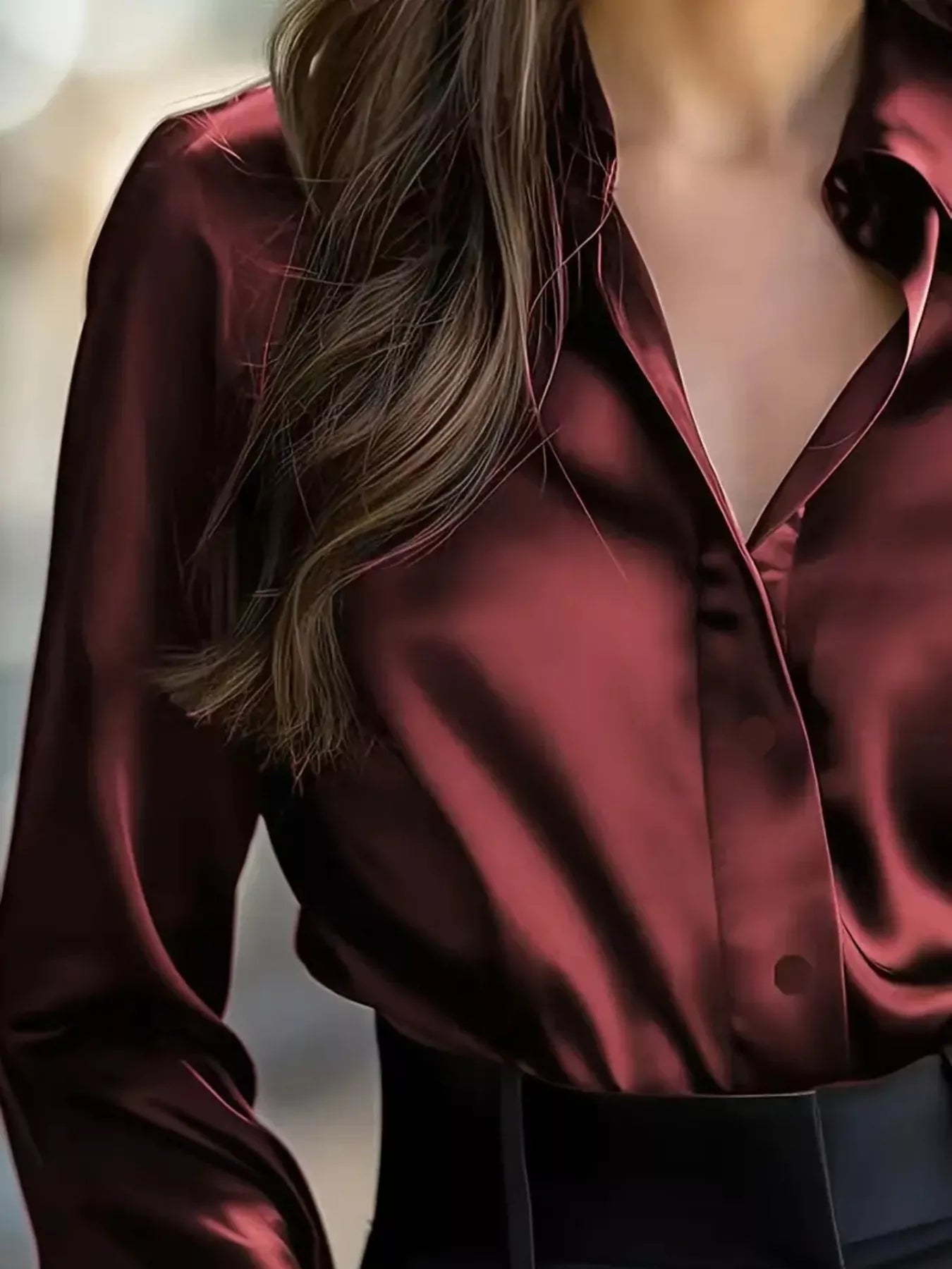 Button Down Long Sleeve Shirt in burgundy, collared neckline, perfect for elegant and casual occasions.