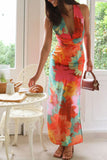 Split Crisscross Back Printed Plunge Maxi Dress