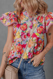 Lace Trim Ruffle Cap Sleeve Floral Blouse