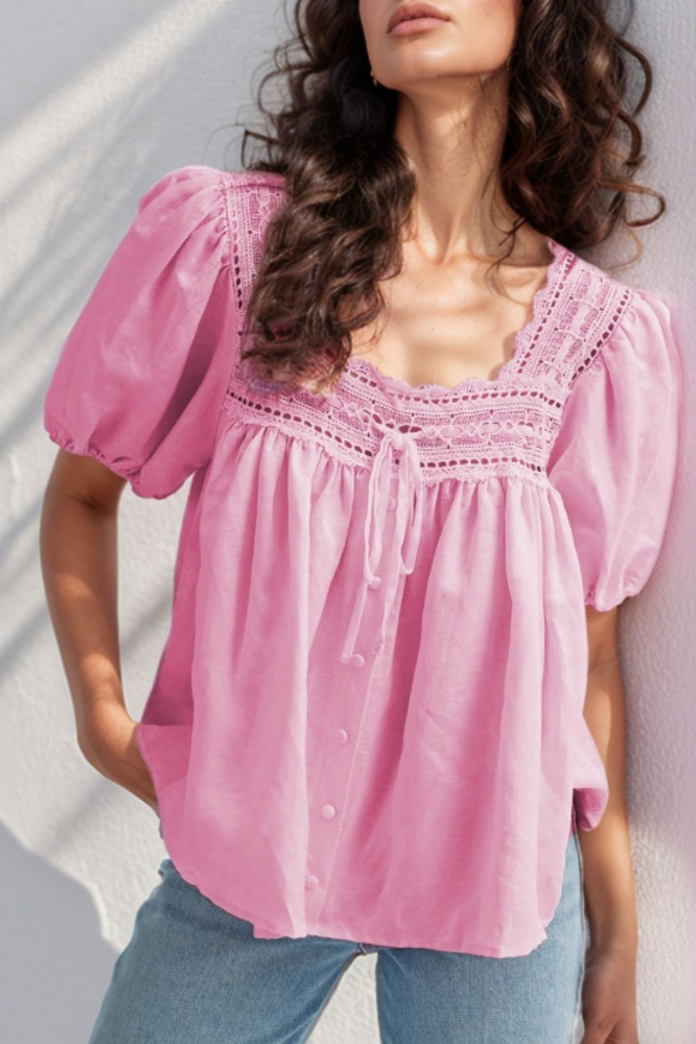 Lace Detail Square Neck Puff Sleeve Blouse