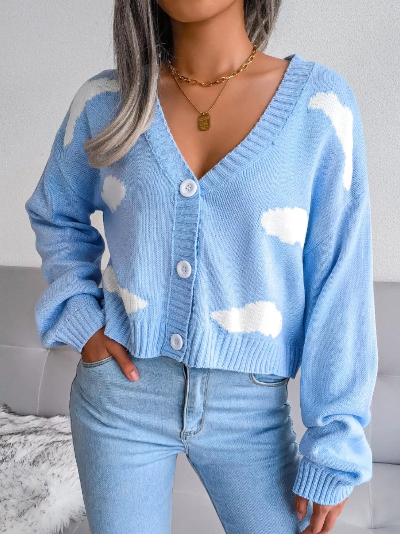 Cloud Pattern Button-Up Cropped Cardigan