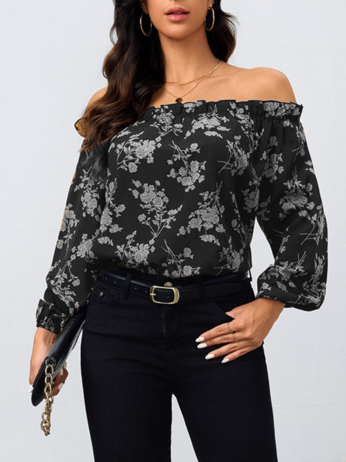 Printed Off-Shoulder Balloon Sleeve Blouse