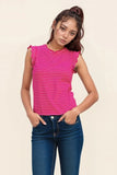 Zenana Ribbed Ruffle Trim Sleeveless Stripe Top
