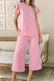 Textured Pearled Ruffled Sleeve Top and Wide Leg Pants Set