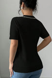 Pearl Bow Necklace Embellished Short Sleeve Knit Top