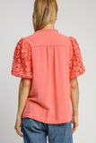 Umgee Full Size Heart Lace Sleeve Ruffle Collar Top Plus Size