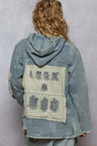 POL Raw Hem Drawstring Zip Up Hooded Denim Jacket