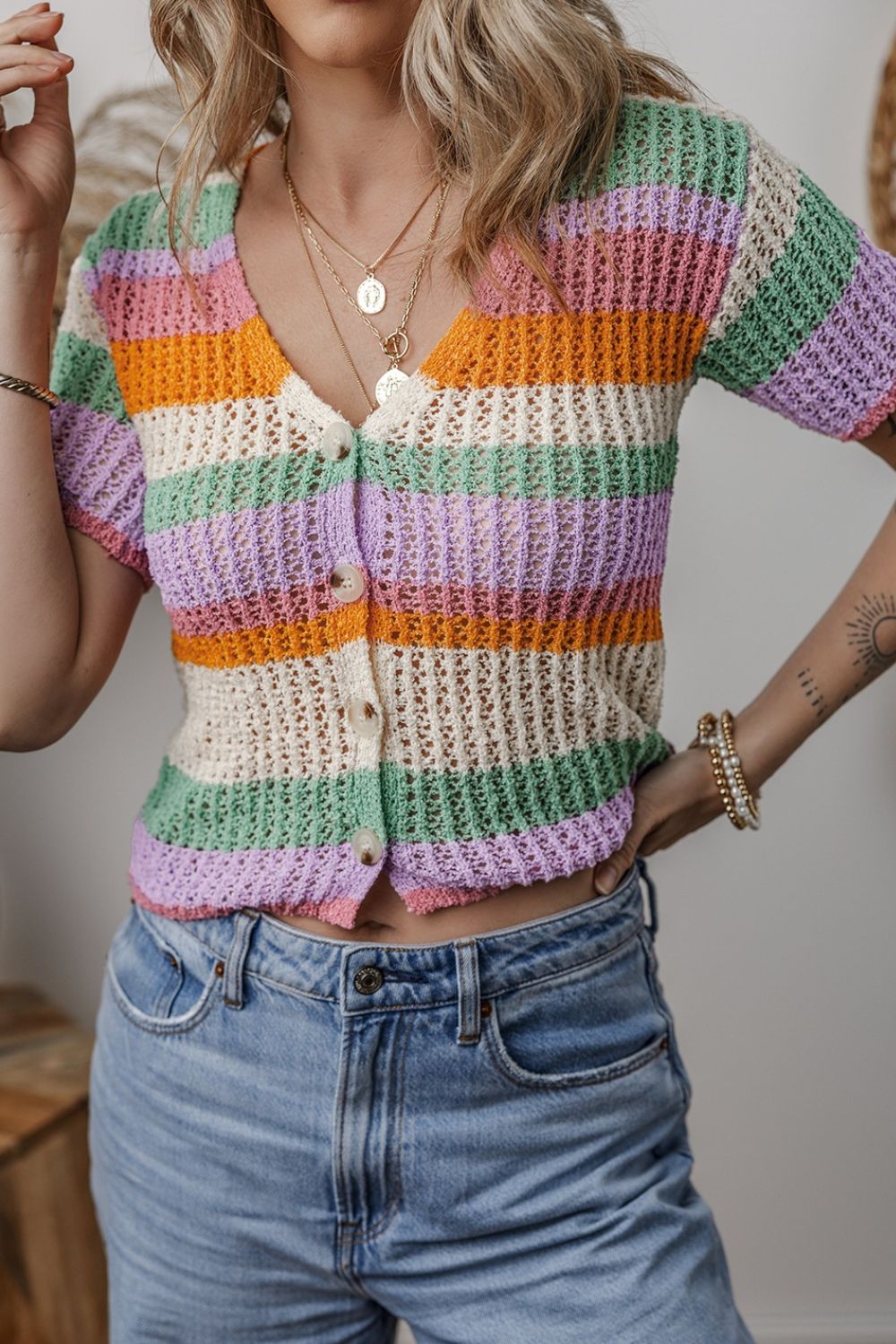 Contrast Striped V Neck Short Sleeve Pointelle Knit Top