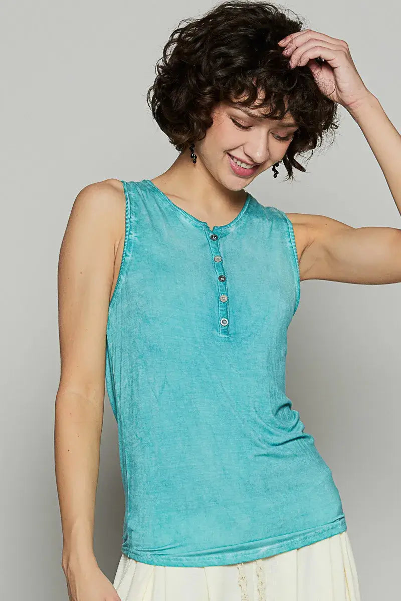 POL Half Button Round Neck Washed Tank