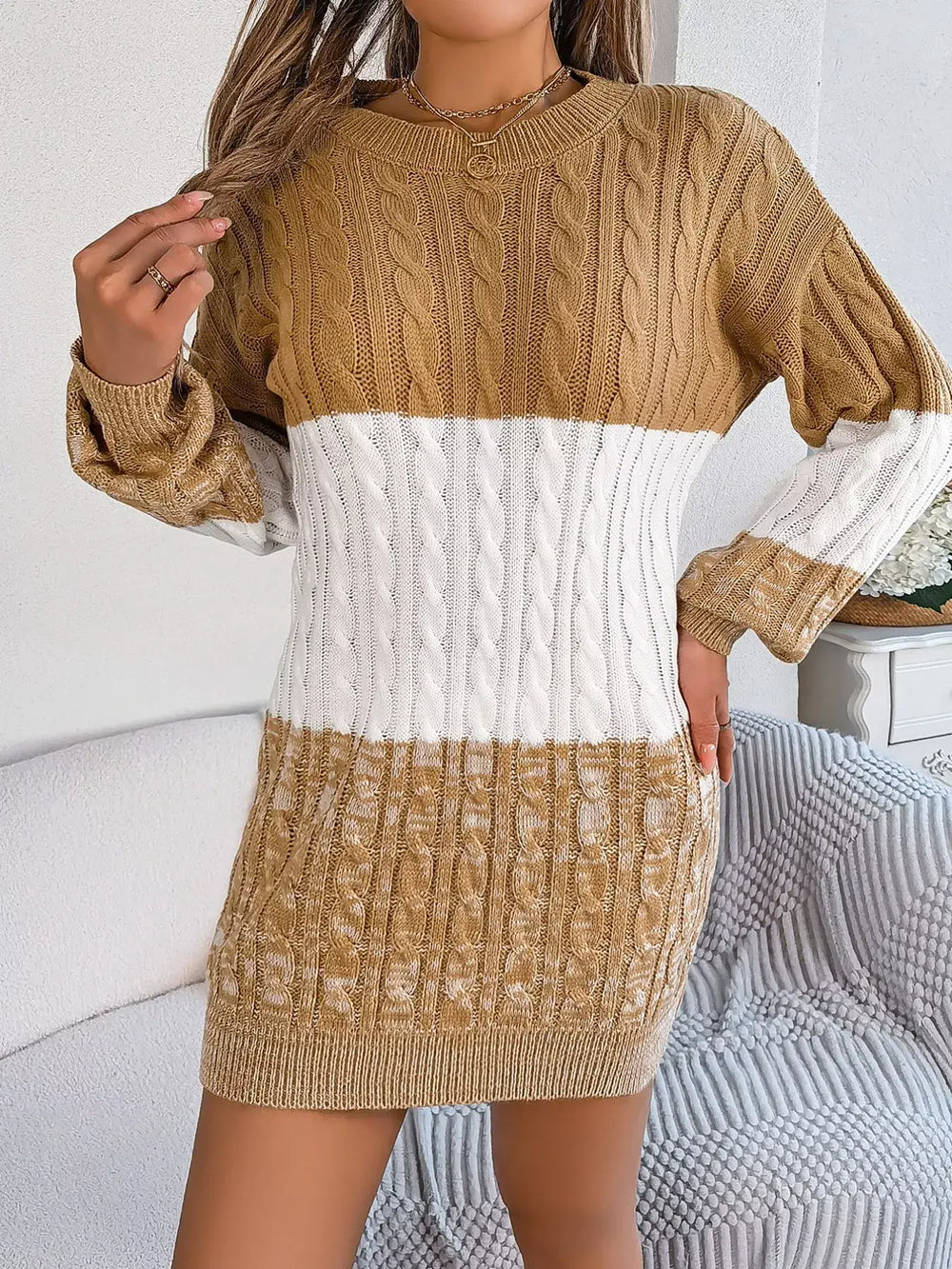 Color block cable knit sweater dress with textured pattern features basic style, slightly stretchy, 100% acrylic.