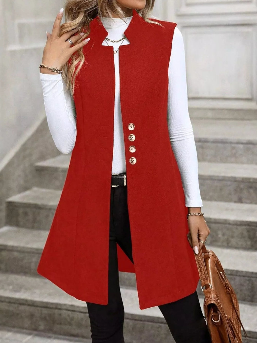 Button Up Sleeveless Longline Vest Coat