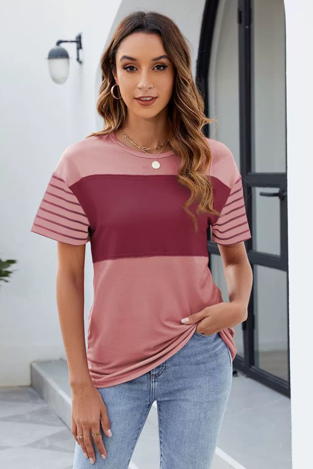 Color Block Round Neck Short Sleeve T-Shirt