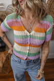 Contrast Striped V Neck Short Sleeve Pointelle Knit Top