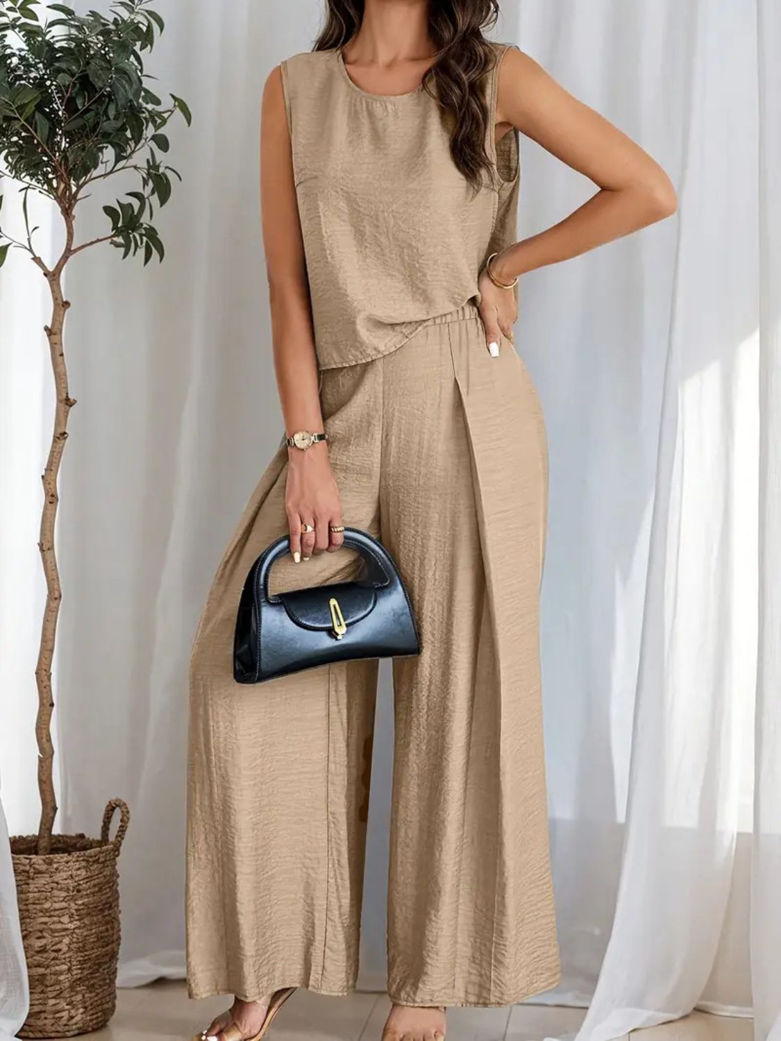 Round Neck Sleeveless Top and Wide Leg Pants Set