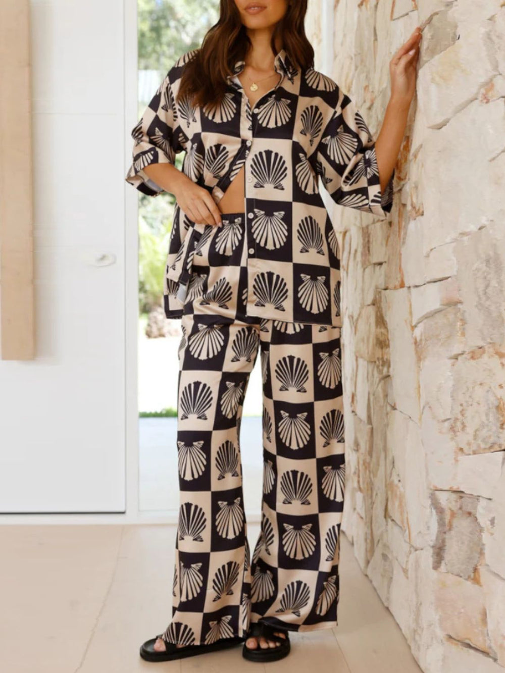 Printed Collared Neck Top and Wide Leg Pants Set