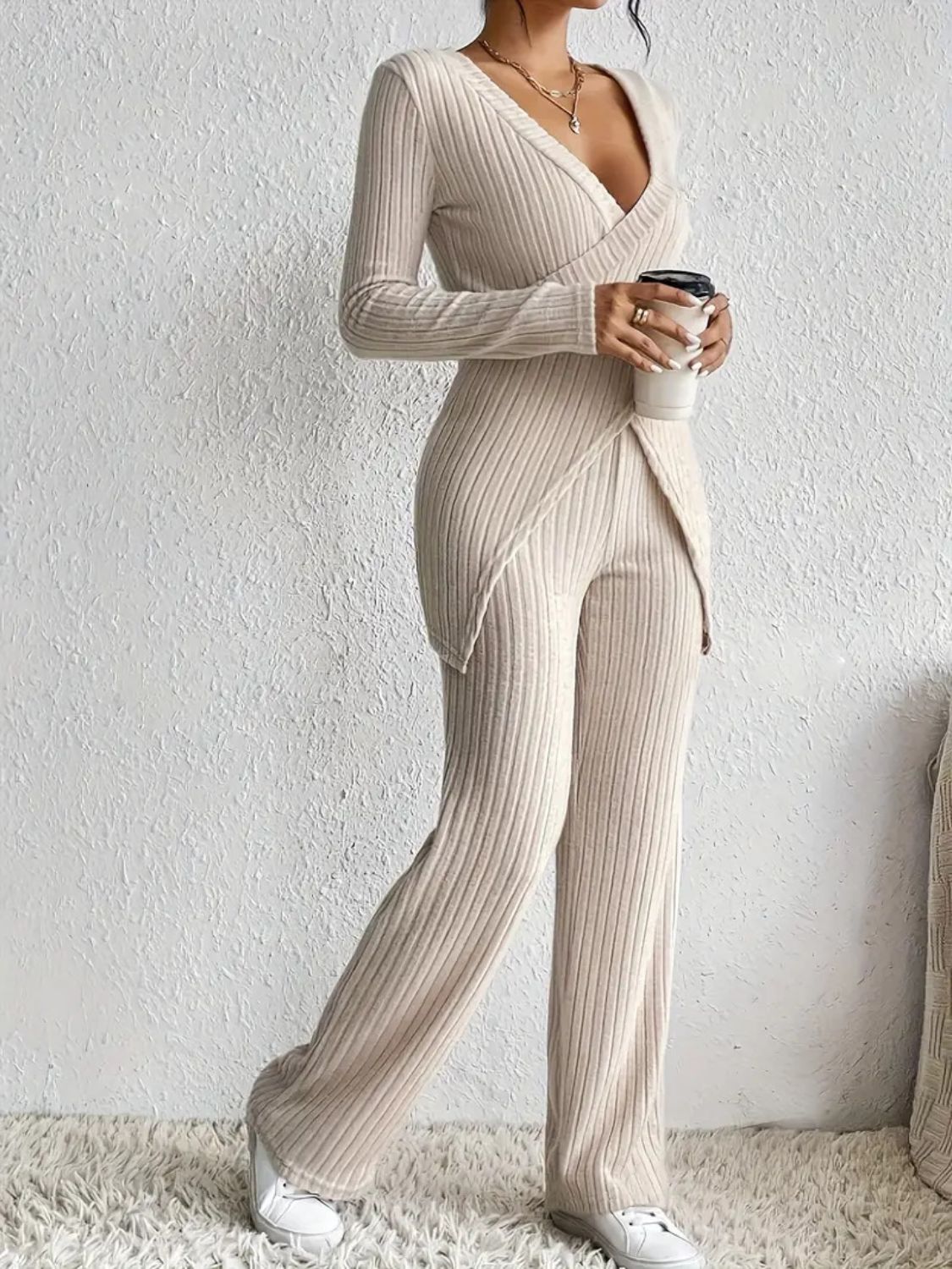 Surplice Long Sleeve Top and Pants Set