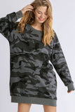 Umgee Full Size Camo Print Ribbed Hem French Terry Mini Dress Plus Size