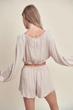 MABLE Gauze Long Sleeve Button Crop Top and Short Set