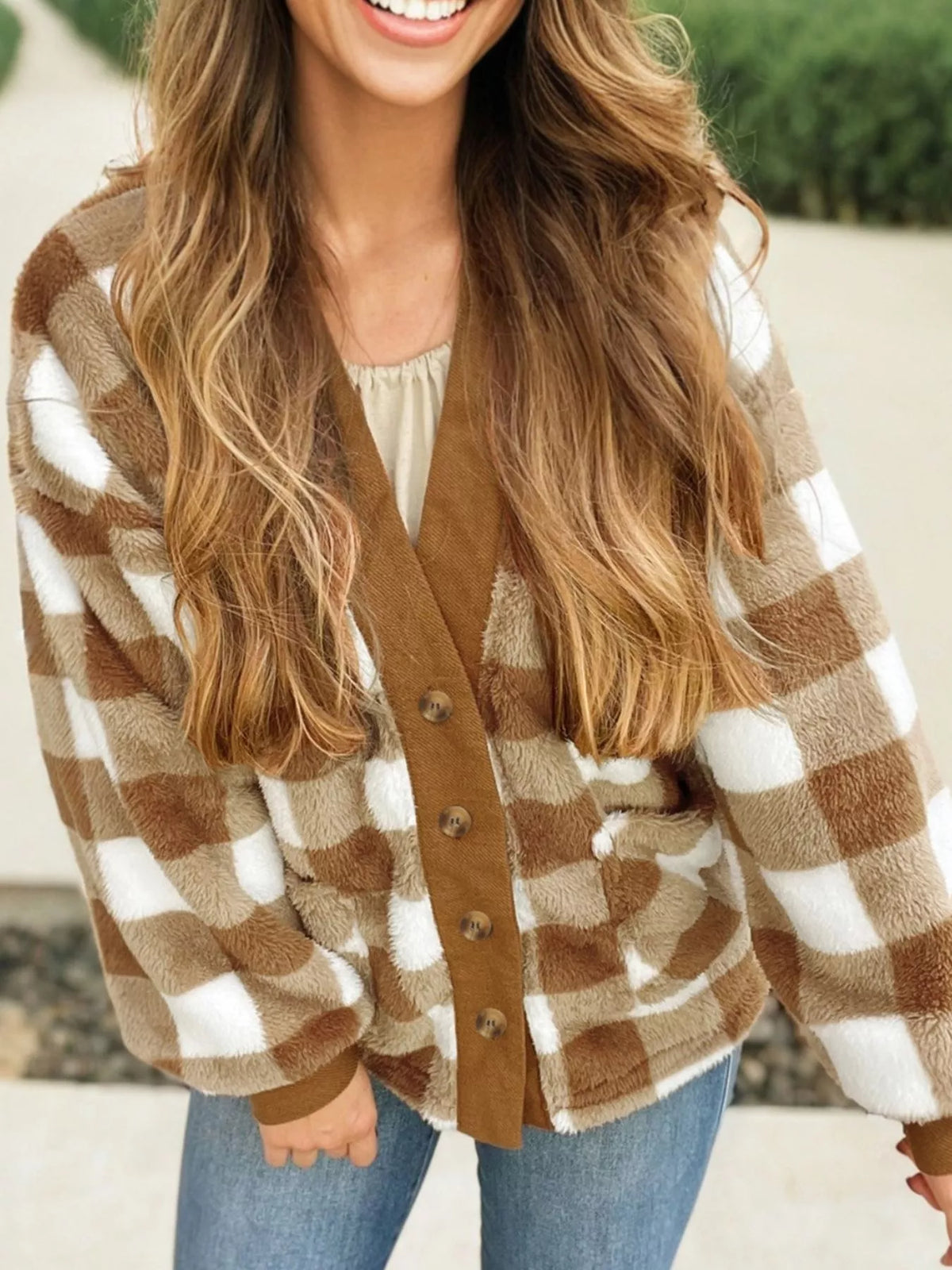 Checkered Sherpa Loose Knit Cardigan with Pockets