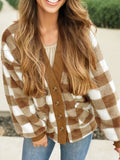 Checkered Sherpa Loose Knit Cardigan with Pockets