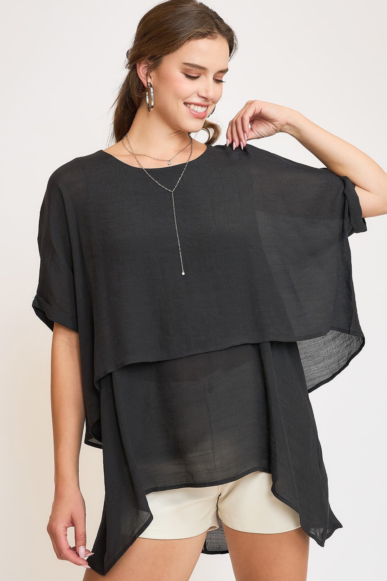 Umgee Full Size Cuffed Half Sleeve Layered Top Plus Size