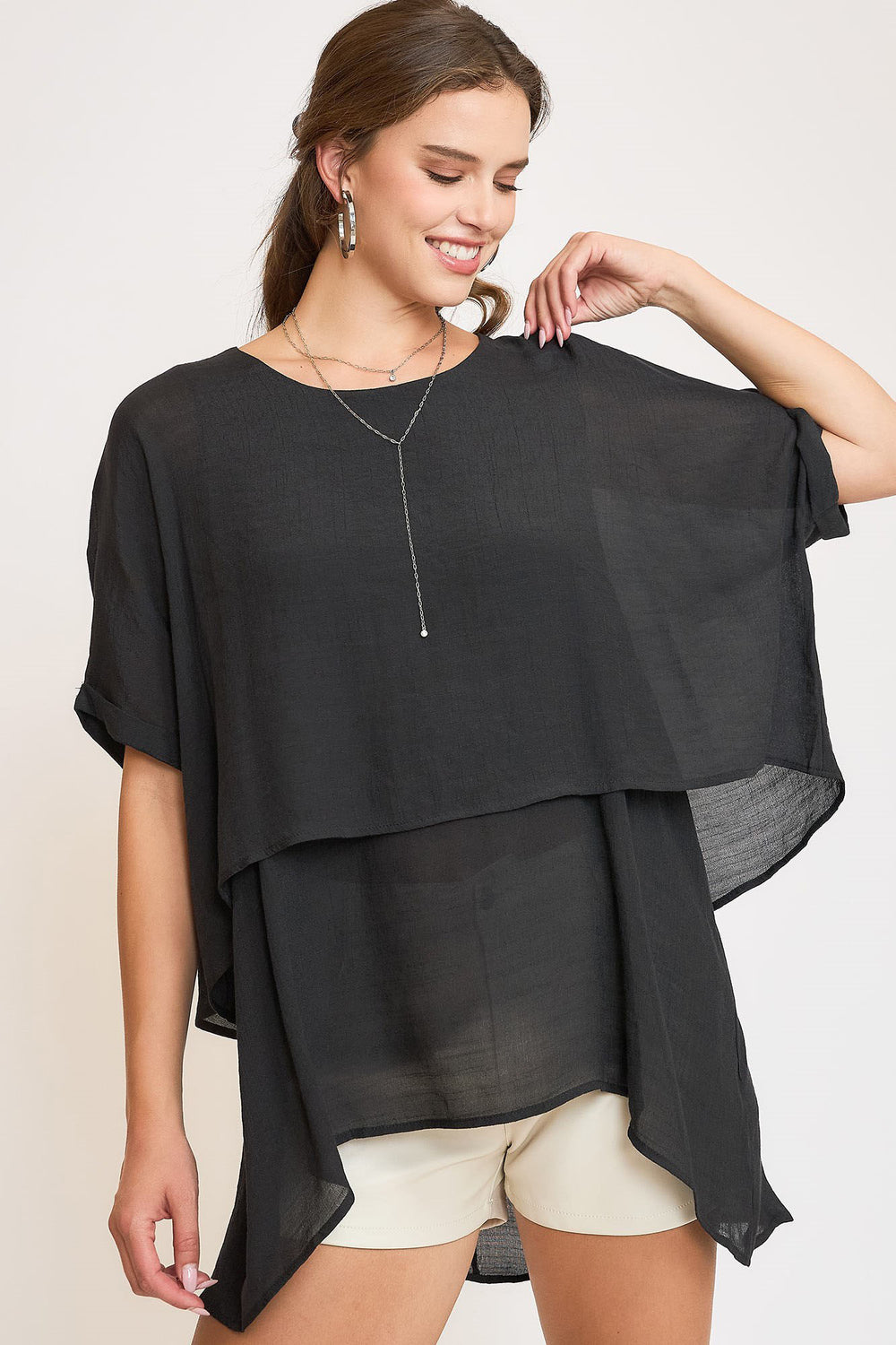 Umgee Full Size Cuffed Half Sleeve Layered Top Plus Size