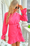 Woman wearing Ruffle Hem Mini Dress with shiny flounce sleeves, showcasing a vibrant pink color and elegant style.