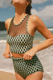 Dotted Mesh Plaid Patchwork High Waisted Swim Set