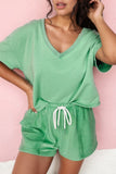 V-Neck Short Sleeve Loose Top and Drawstring Shorts Set