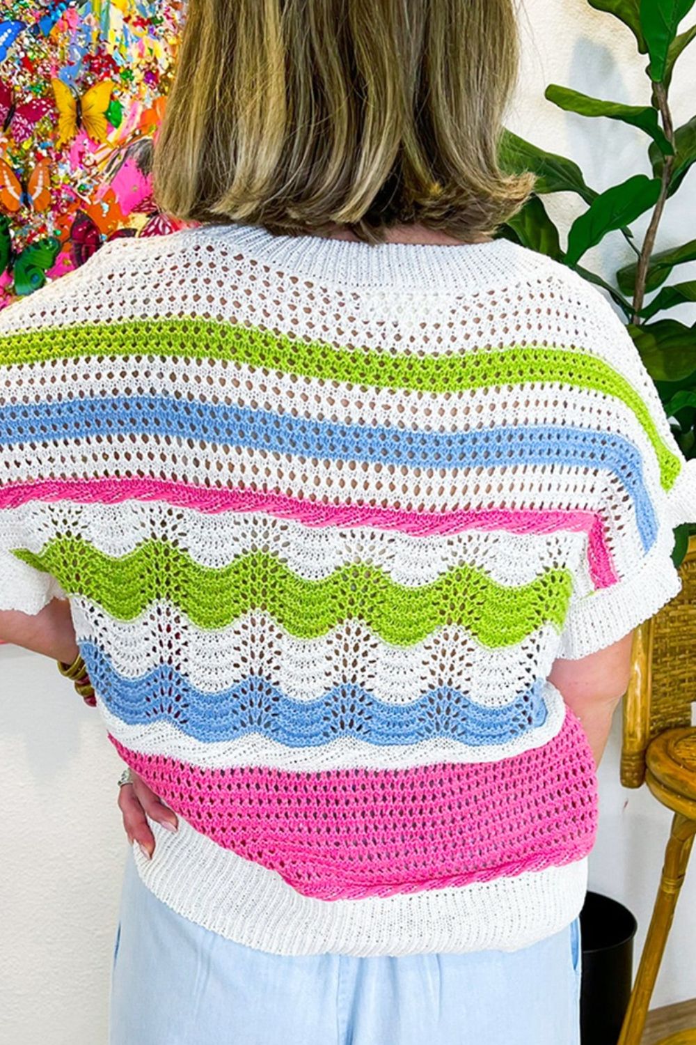 Color Block Crochet Ruffled Short Sleeve Knit Top