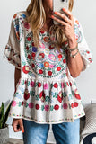 Floral Print Round Neck Ruffle Trim Blouse