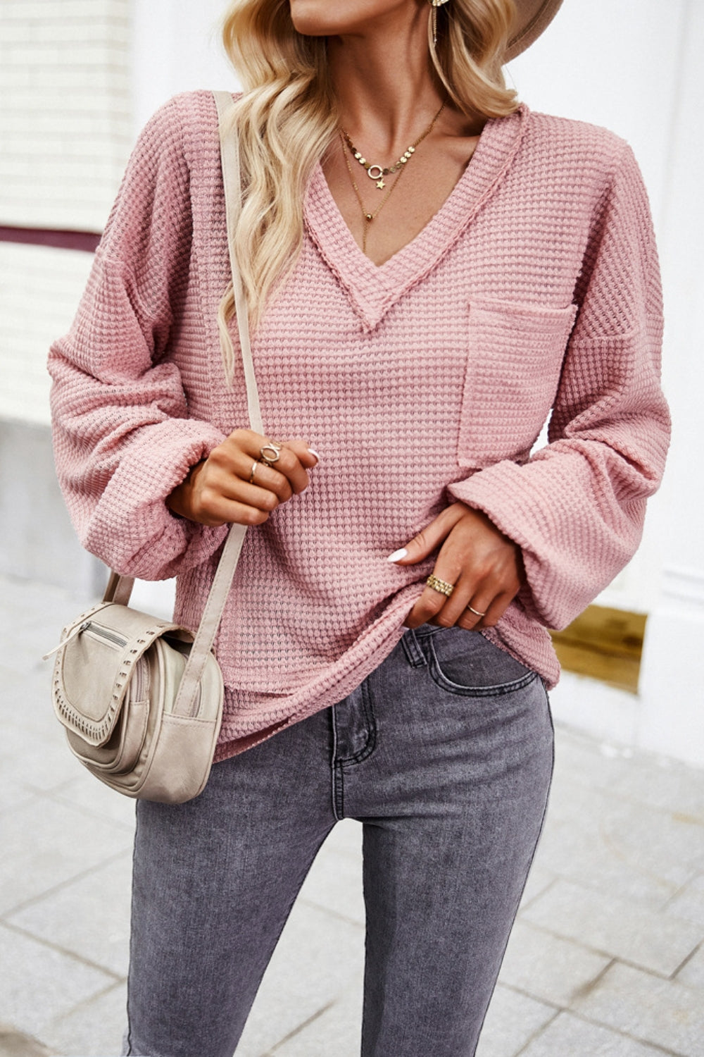 Devine Waffle-Knit V-Neck Long Sleeve Top