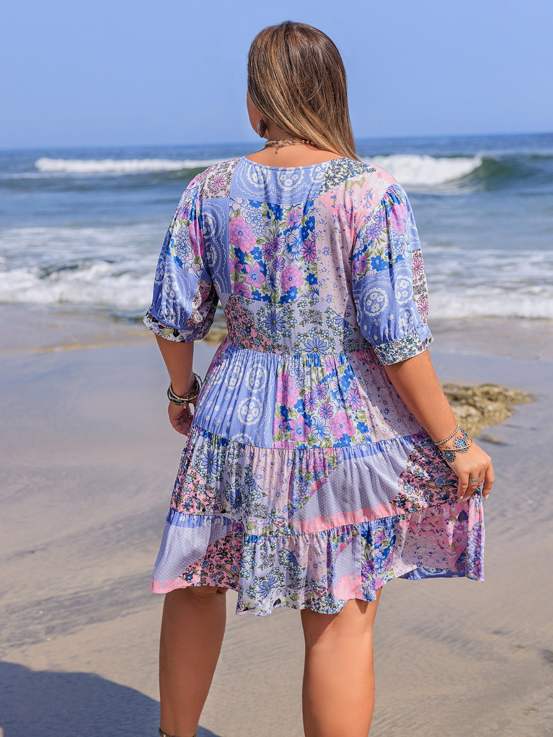 Plus Size Printed V-Neck Tiered Mini Dress