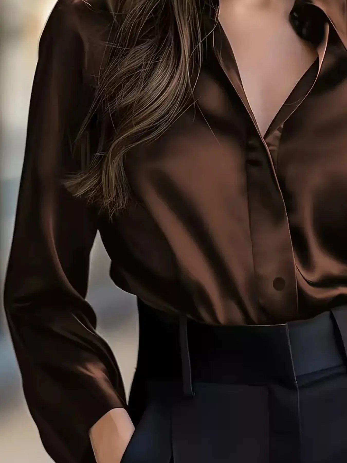 Woman wearing Button Down Long Sleeve Shirt with collared neckline