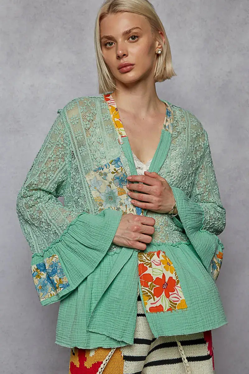 POL Lace Ruffled Hem Open Front Cardigan