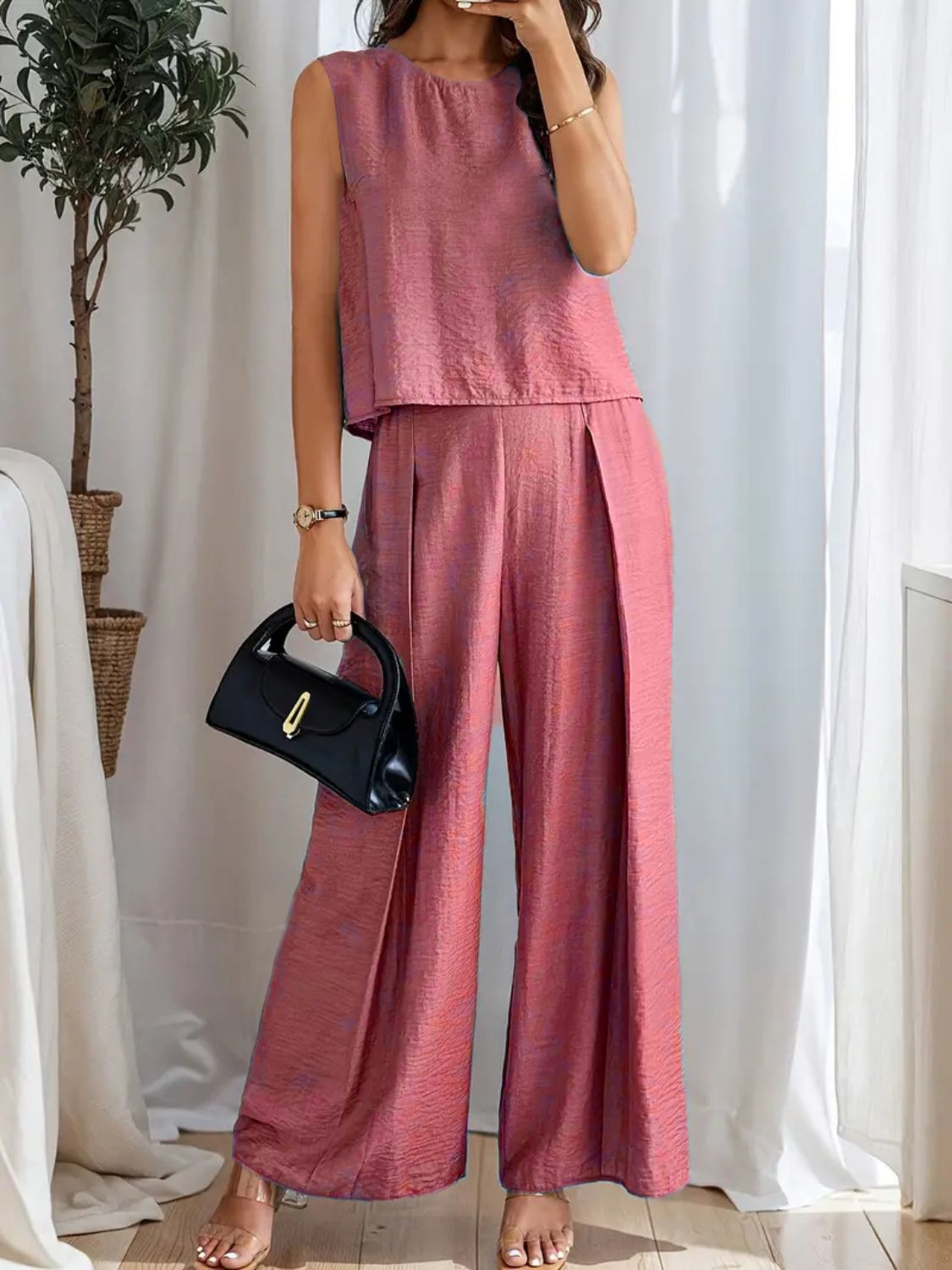Round Neck Sleeveless Top and Wide Leg Pants Set