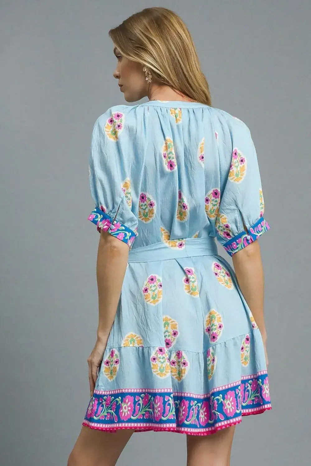 Umgee Floral Print Tie Waist Short Sleeve Dress