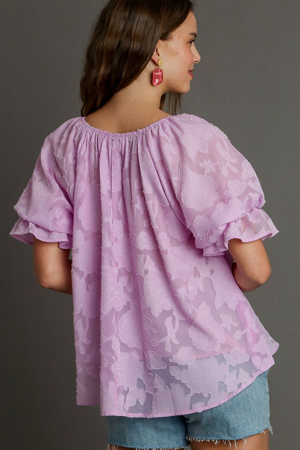 Umgee Full Size Jacquard Round Neck Ruffled Puff Sleeve Blouse Plus Size