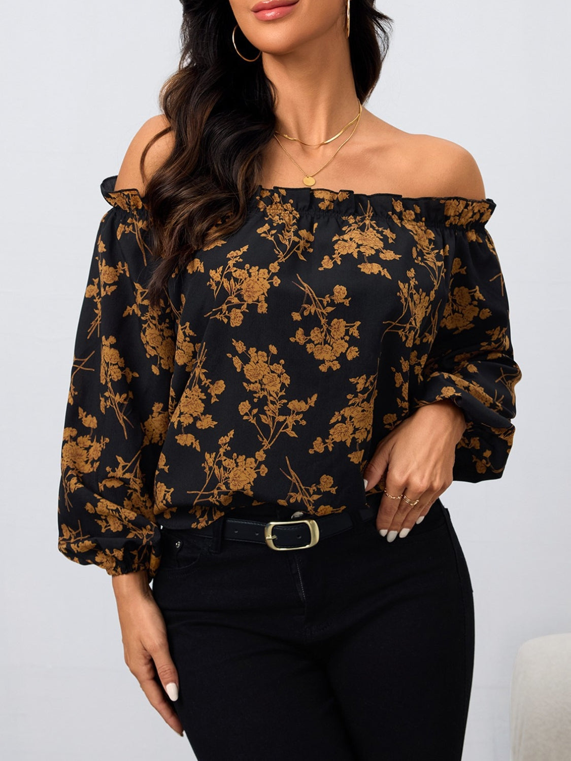 Printed Off-Shoulder Balloon Sleeve Blouse