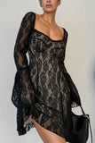 Lace Sweetheart Neck Flare Sleeve Mini Dress