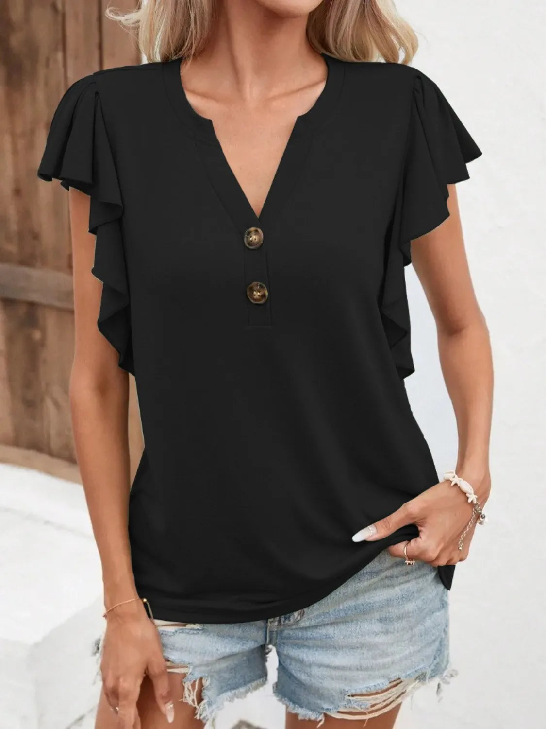 Full Size Ruffled Notched Cap Sleeve Blouse Plus Size