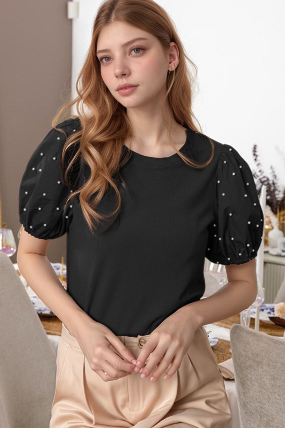 Pearl Detail Round Neck Short Sleeve Blouse