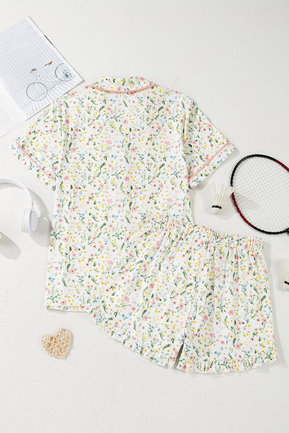 Printed Button Up Short Sleeve Top and Shorts Lounge Set