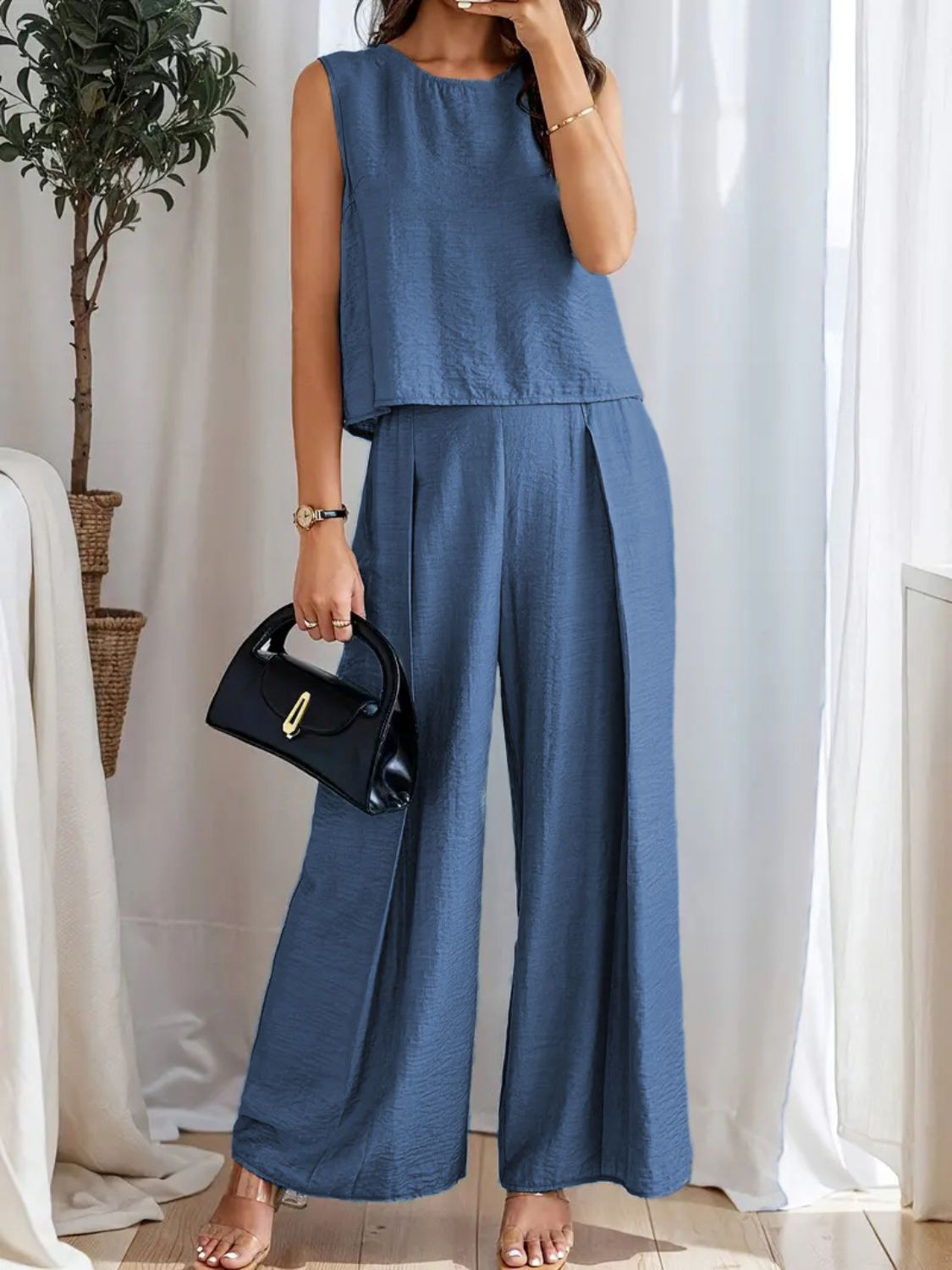 Round Neck Sleeveless Top and Wide Leg Pants Set