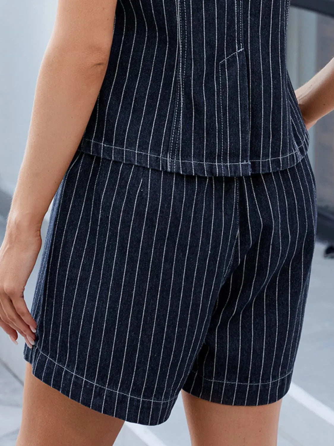 Round Neck Striped Top and Shorts Denim Set