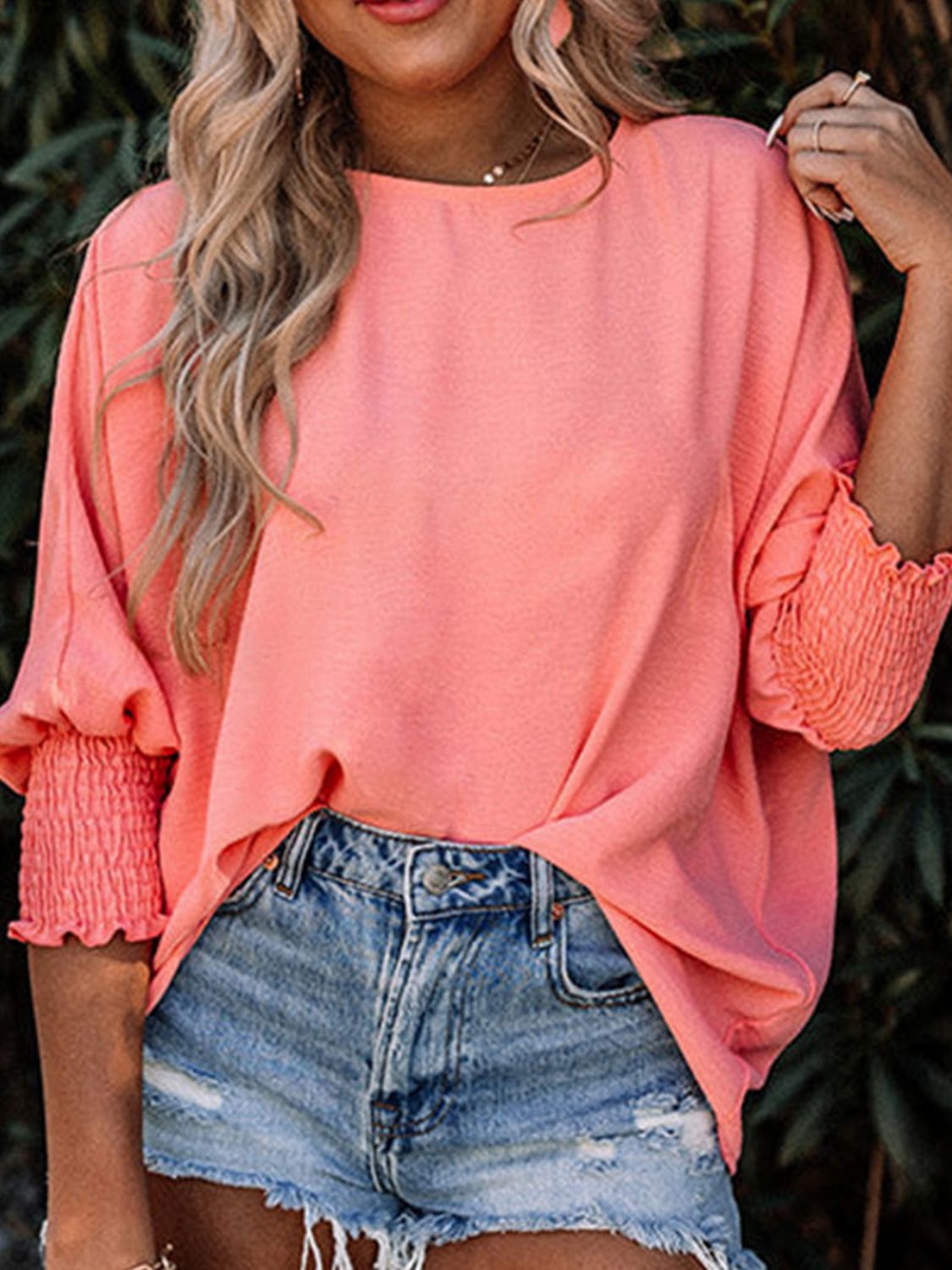 Round Neck Three-Quarter Sleeve Blouse