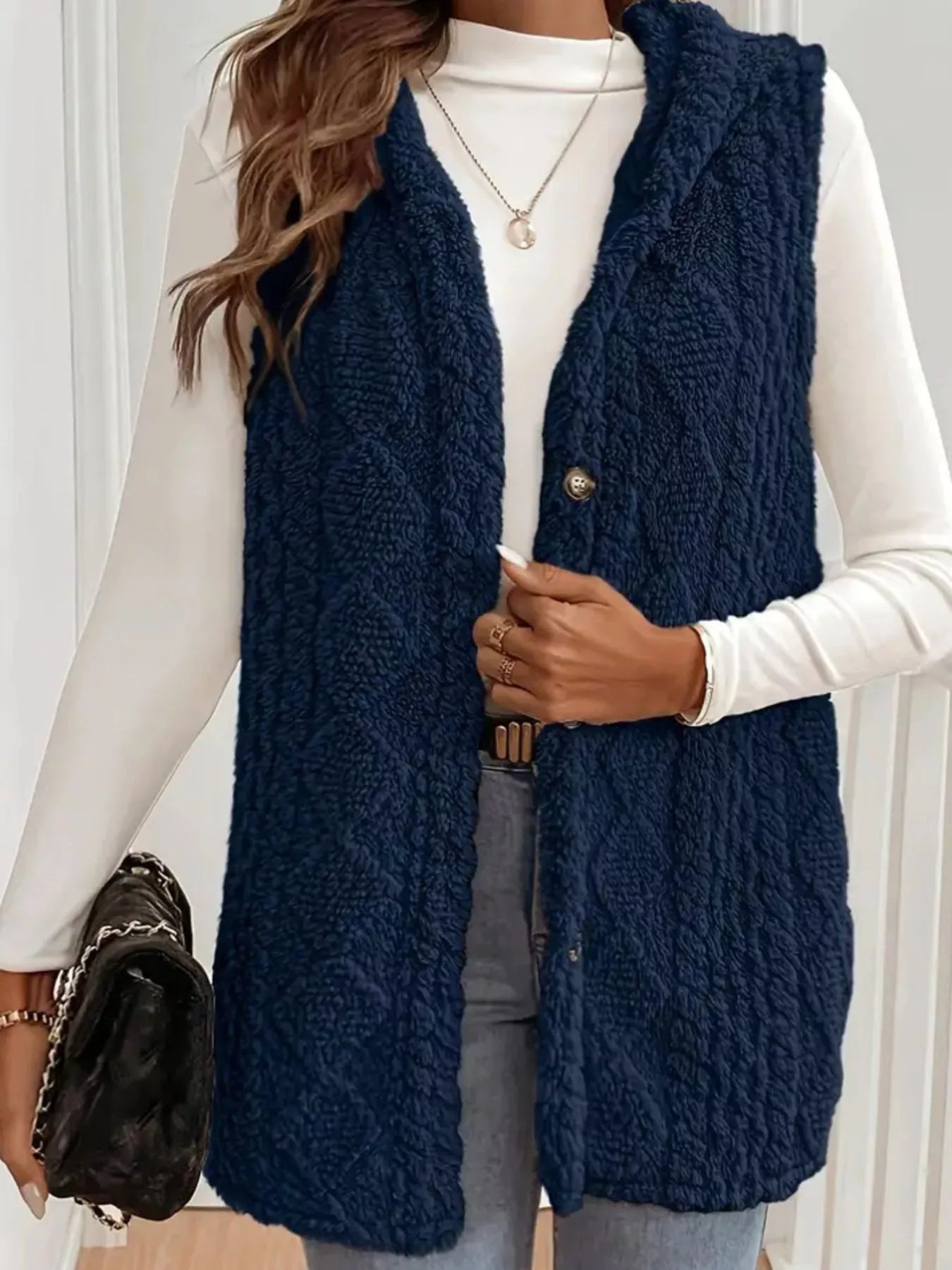 Button Up Plush Hooded Vest Coat