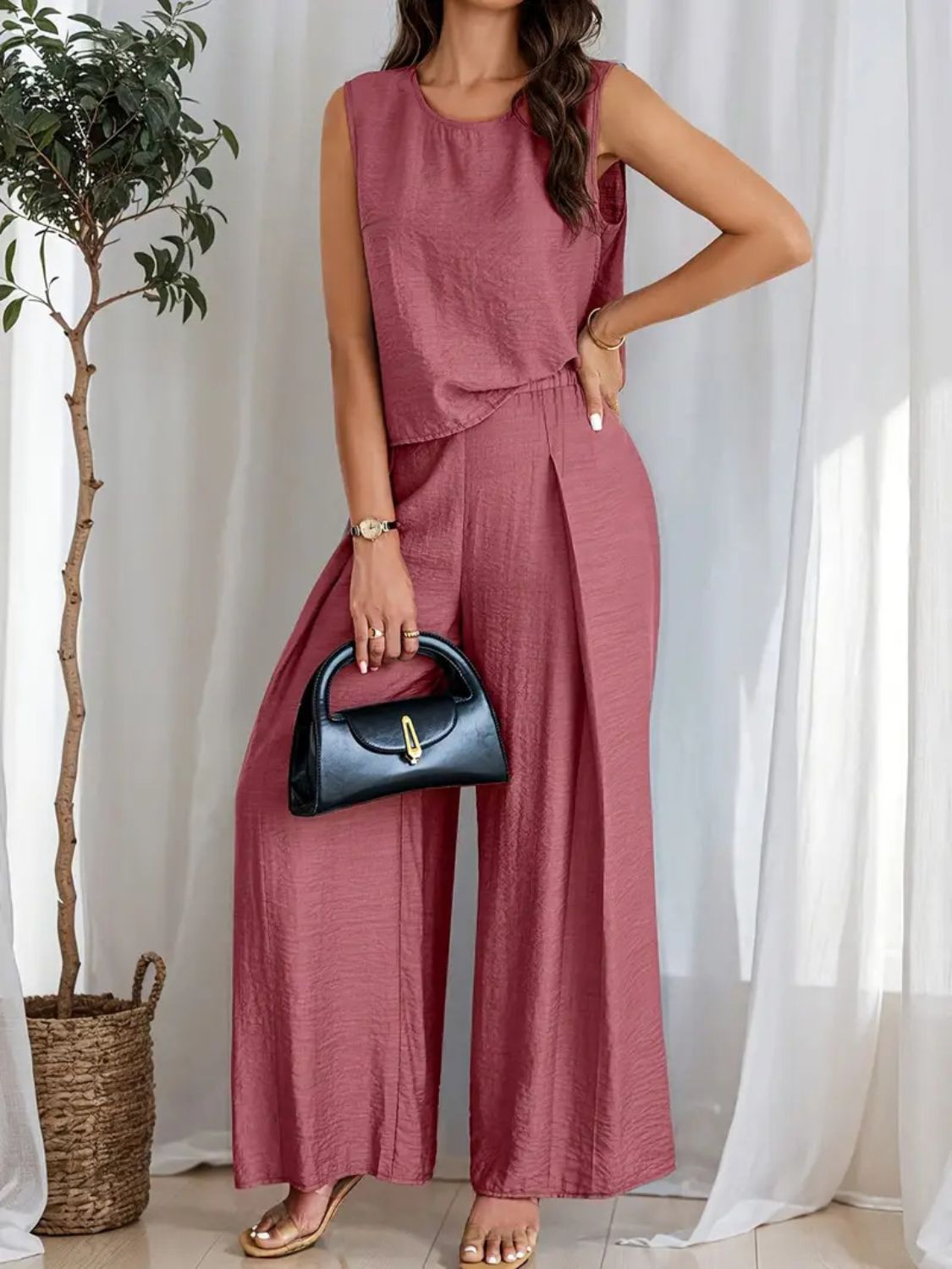 Round Neck Sleeveless Top and Wide Leg Pants Set